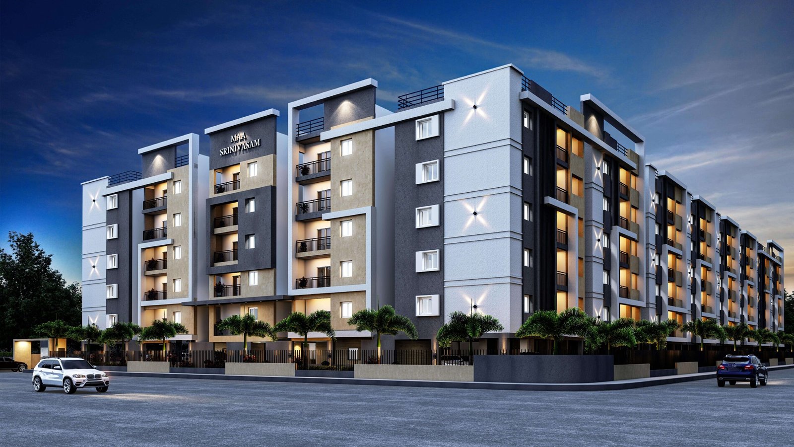 Front elevation of Vedamsa Maa Srinivasam apartments in Isnapur, showcasing premium 2 & 3BHK flats near Mumbai Highway with modern design and gated community structure.