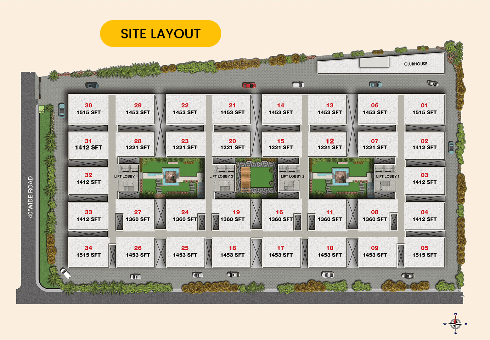 Vedamsa Maa Srinivasam project layout map in Isnapur highlighting apartment placement, clubhouse, green areas, and internal access roads